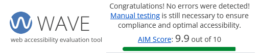 Screenshot of WebAIM's WAVE web accessibility evaluation tool. It reads 'Congratulations! No errors were detected! Manual testing is still necessary to ensure compliance and optimal accessibility. AIM Score: 9.9 out of 10. The WAVE logo sits to the left.